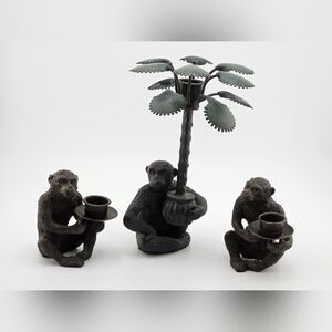 Bronze Cast Monkey Candlestick Holder Sitting Palm Tree Lot Of 3 Decorative Art